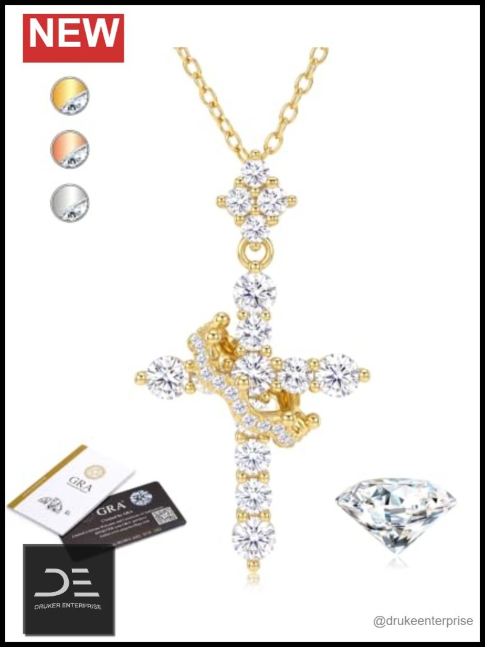 GEMQUEEN S925 Sterling Silver Moissanite Cross Necklace 14K Gold Plated